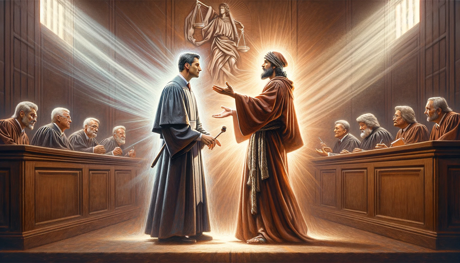 Jonás y un juez moderno representando el concepto de justicia y misericordia.